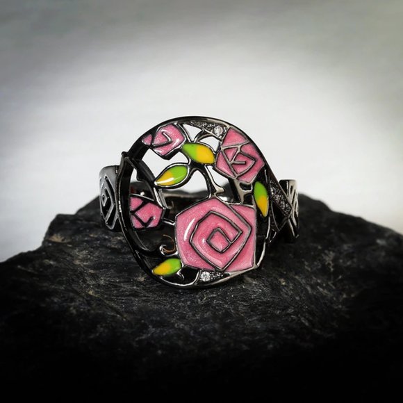 Rose flower ring pink black 925 silver new - Picture 2 of 5
